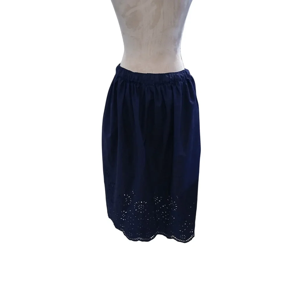 Free Assembly Navy Blue Eyelet Midi Skirt Button Front Scallop Hem Womens Size M